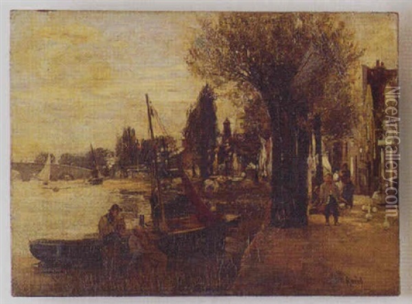 Harbor Scene Depicting People Walking Past Buildings, Sailboats And Bridge In The Background Oil Painting - John Robertson Reid