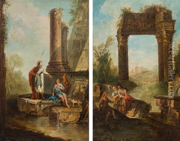 Landscape With Ruins And Staffage (counterparts) Oil Painting - Angelo Maria Costa