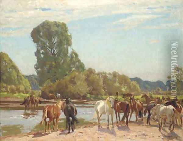 New Forest ponies at Tyrrell's Ford Oil Painting - Algernon Talmage
