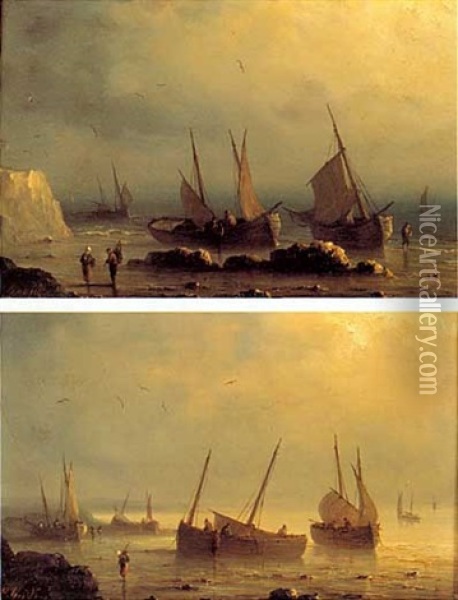 Pecheurs Et Leurs Barques Pres Du Rivage (+ Another Similar; 2 Works) Oil Painting - Henriette Gudin
