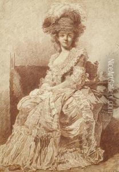 Portrait Of Madame Bergeret, Full-length, Seated In A Chair, Wearing A Feathered Hat Oil Painting - Francois-Andre Vincent