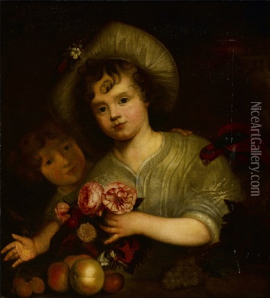 Children With Flowers, Fruit And A Parrot Oil Painting - Carel de Moor