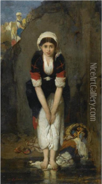 Young Girl By The River Oil Painting - Nikoforos Lytras