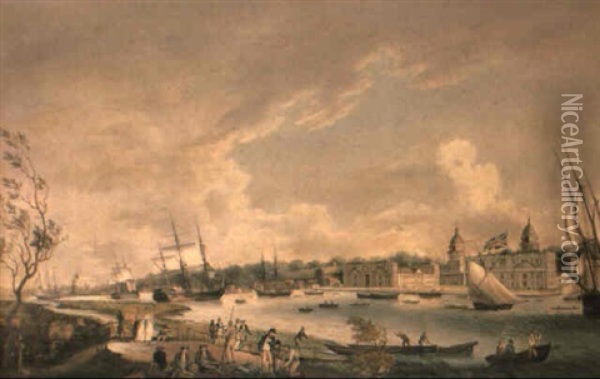 View Of The Royal Hospital, Greensich, From The Isle Of Dogs Oil Painting - Robert Dodd