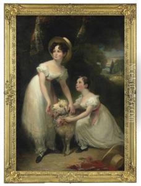 Double Portrait Of Misses Emily And Marie Ashworth, Full-length, Playing With A Lamb In A Landscape, A Waterfall Beyond Oil Painting - Sir William Beechey