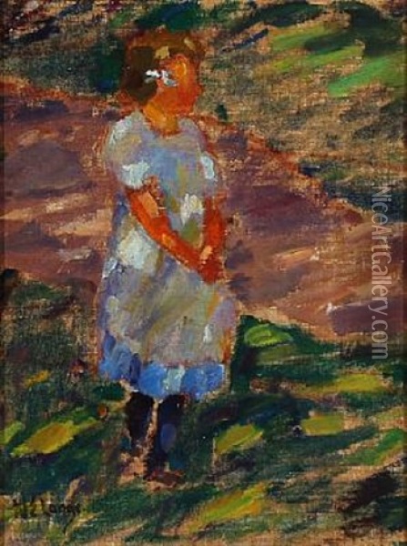 A Little Girl Standing In A Garden With A Glimmer Of Sunshine Oil Painting - Erik Niels Lange