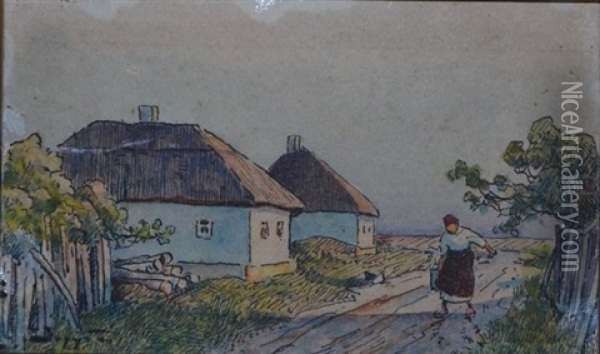 Village Huts Oil Painting - Viktor Ivanovich Zarubin