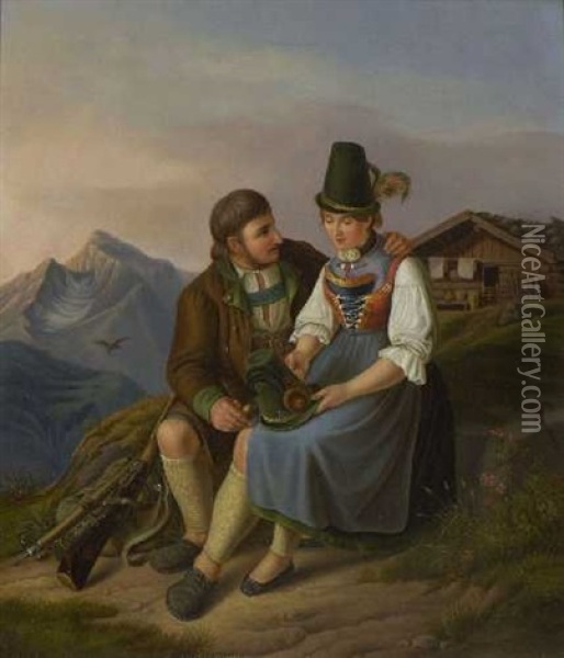Sennerin Und Jager Vor Der Almhutte Oil Painting - Peter Heinrich Lambert Von Hess