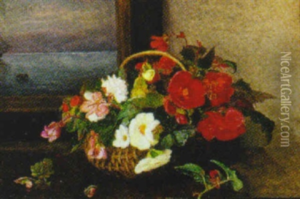 Opstilling Med Blomster I Kurv Oil Painting - Signe Andreasen