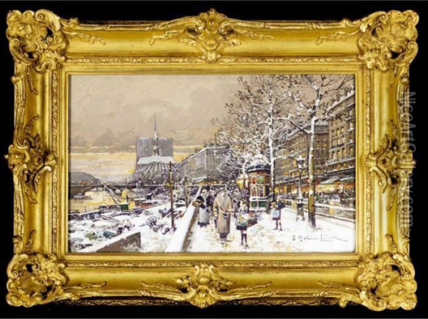 Notre Dame Et Le Pont Des Tournelles Oil Painting - Eugene Galien-Laloue