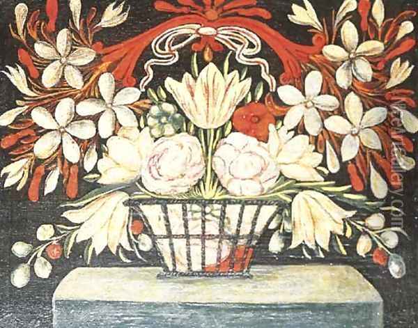 A basket of flowers on a ledge Oil Painting - Lombard School