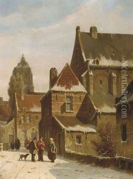 Townspeople conversing in a Dutch town in winter Oil Painting - Adrianus Eversen