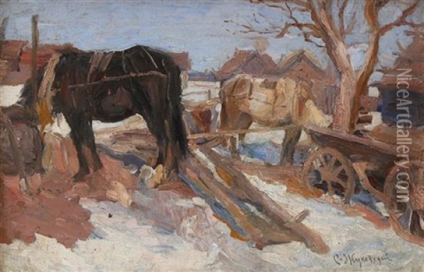 Horse Carriage In A Snowy Landscape Oil Painting - Stanislav Yulianovich Zhukovsky