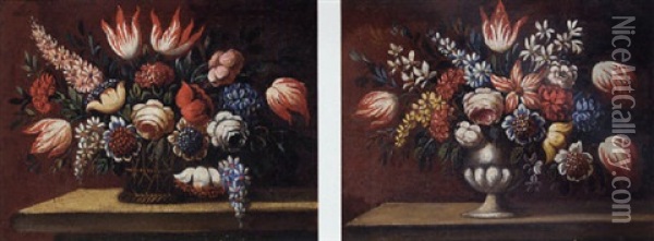 Flowers In An Urn On A Ledge Oil Painting - Juan De Arellano
