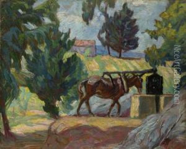 Landscape With Donkey By A Well. Oil Painting - Jean Peske