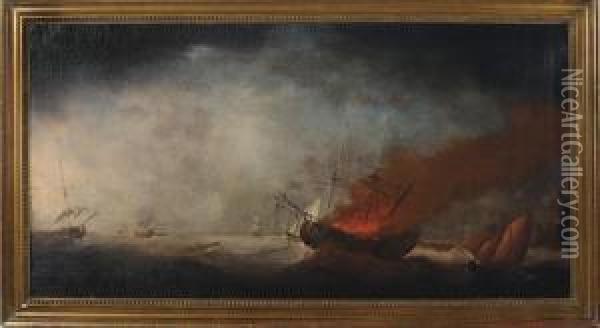 A Warship Ablaze On A Stormy Sea Oil Painting - Francis Holman
