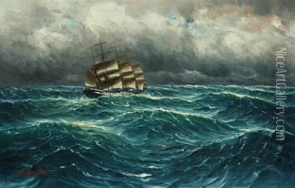 Seascape With Sailing Ship On Rough Sea Oil Painting - Alfred Serenius Jensen