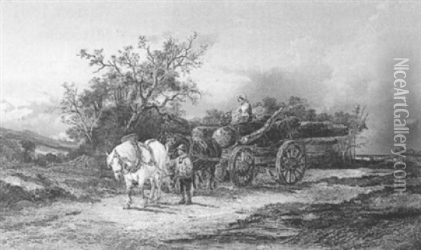 Bauernpaar Auf Mit Holz Beladener Kutsche Mit Pferdegespann Oil Painting - Alexis de Leeuw