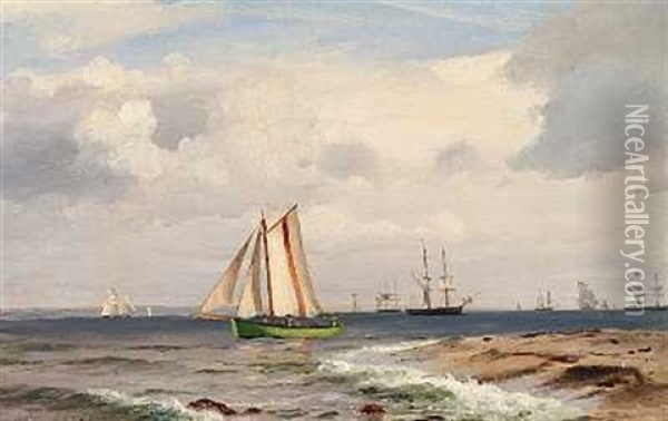 Talrige Skibe Ud For Kysten, I Forgrunden En Lodsbad Oil Painting - Christian Frederic Eckardt
