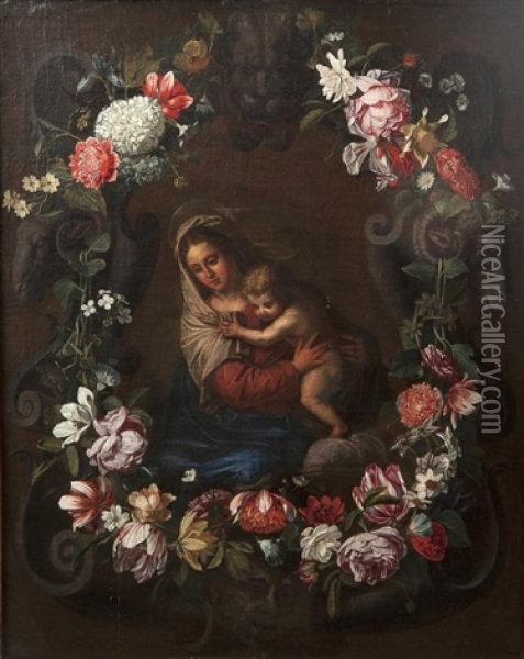 Vierge A L'enfant Dans Une Couronne De Fleurs Oil Painting - Erasmus Quellinus II