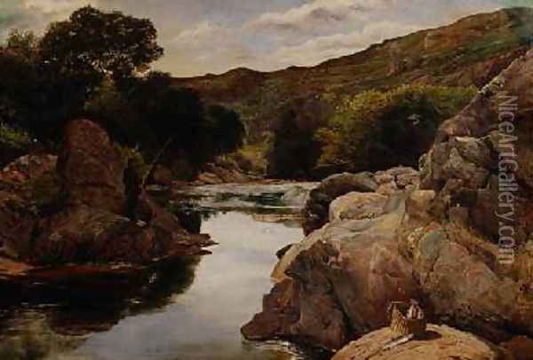 Glenfinlas with Millais Fishing 1853 Oil Painting - William Henry Millais