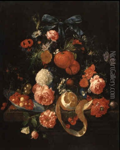 Oranges And Other Flowers Hanging From A Ribbon With Berries In A Bowl Oil Painting - Cornelis De Heem