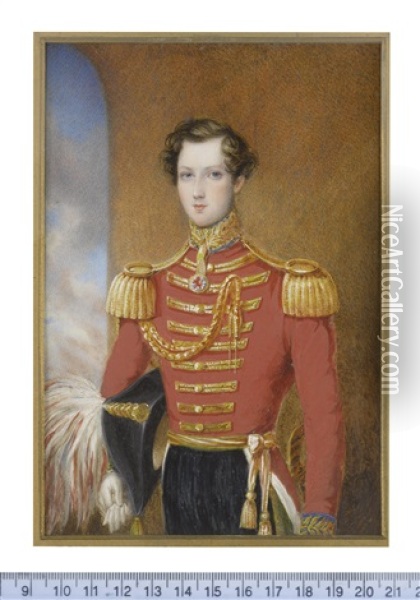 Sir William Henry Don, 7th Baronet (1825-1862) Of The 5th Dragoon Guards (princess Charlotte Of Wales's), Wearing Red Coat With Gold Facings And Epaulettes Oil Painting - James Warren Childe