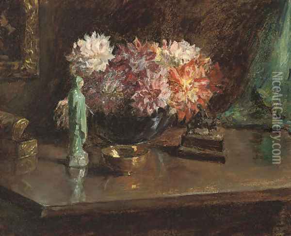 Chrysanthemums and figurines, on a table Oil Painting - Maud Stanhope Forbes