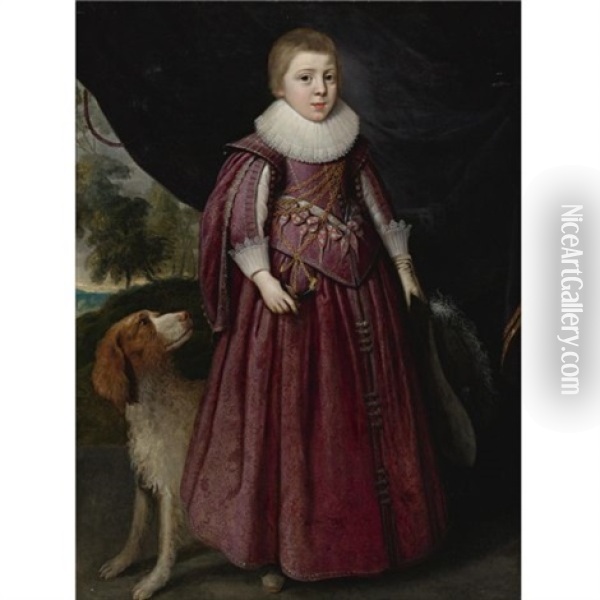 Portrait Of A Young Boy, Standing, In A Maroon Dress And A White Ruff, Holding A Plumed Hat In His Left Hand, With A Spaniel Oil Painting - Daniel Mytens the Elder