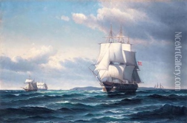 A Danish Frigate Off The Coast Oil Painting - Vilhelm Victor Bille