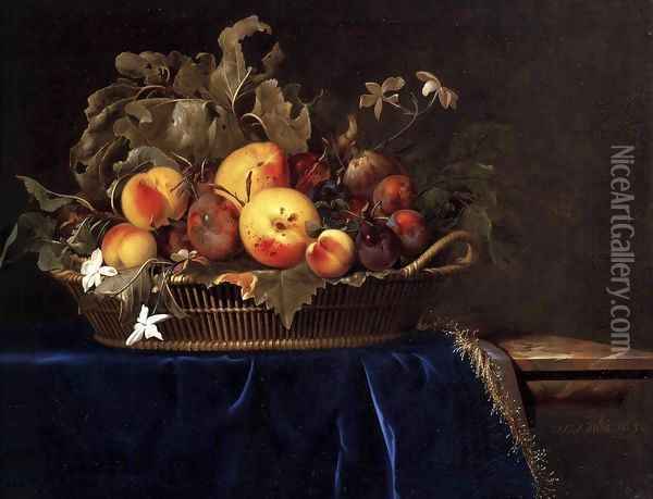 Still Life with a Basket of Fruit on a Marble Ledge 1650 Oil Painting - Willem Van Aelst