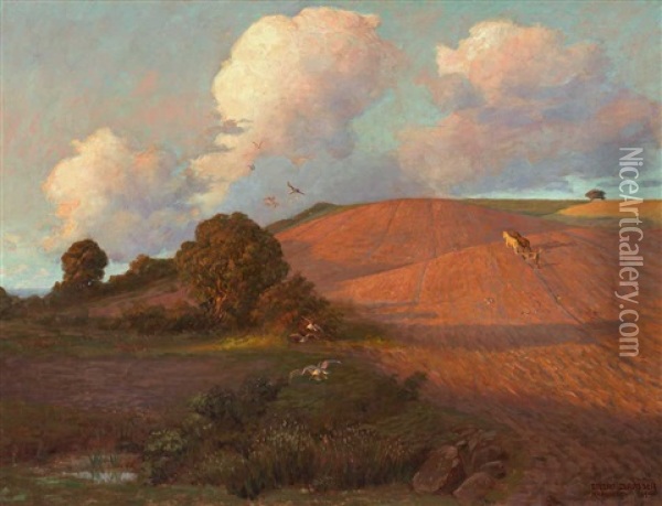 Ein Pfluger Mit Seinem Doppelgespann Vor Baumbestandenem Hugel Und Dramatischer Wolkenstimmung Oil Painting - Luplau Jansen