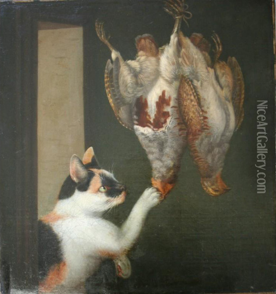 A Cat Snatches Two Partridge In A Larder Oil Painting - Benjamin Blake