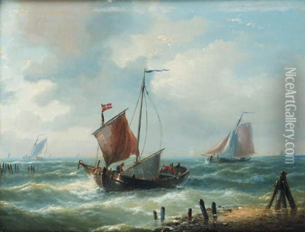 Sailing Vessels On An Estuary In A Breeze Oil Painting - Louis Verboeckhoven