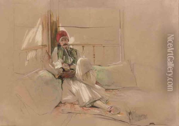 A Corfiote Warrior Reclining Among Cushions Oil Painting - John Frederick Lewis
