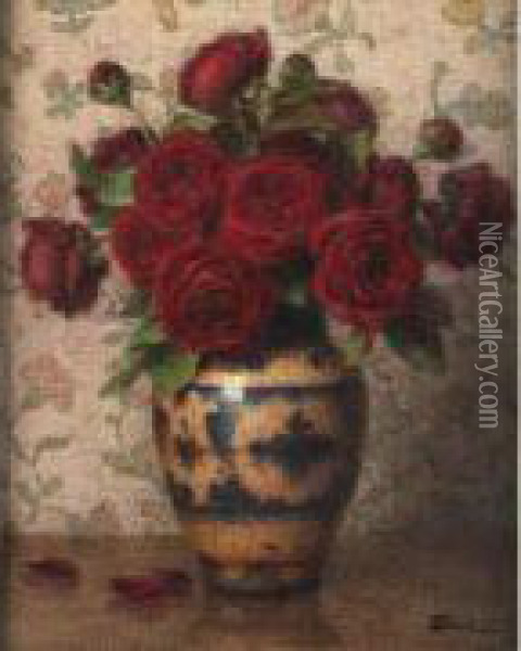 Bouquet De Roses Rouges. Oil Painting - Ernest Filliard