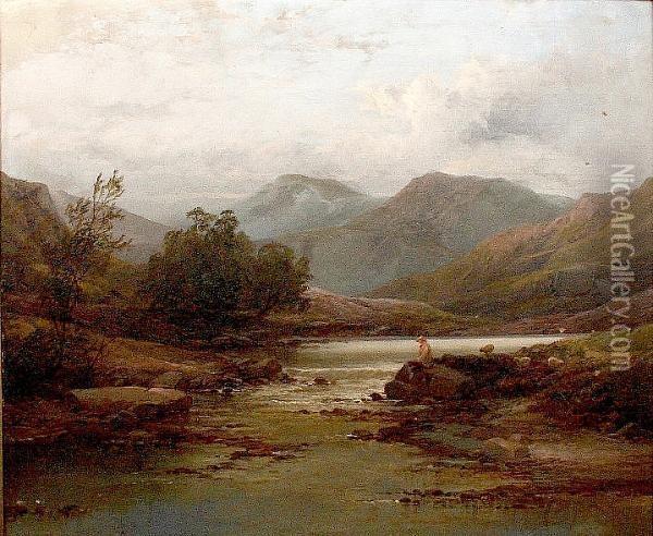 River Landscape With Shepherd And Sheep Oil Painting - John Brandon Smith