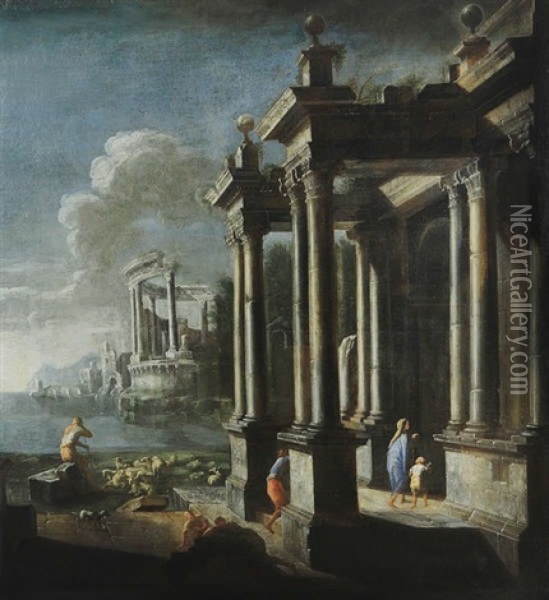 Capriccio De Figures, D'un Berger Et De Moutons Pres De Ruines De Monuments Antiques Oil Painting - Leonardo Coccorante