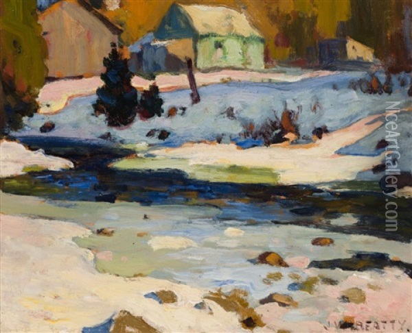 Sketch For Winter Sunshine, Bellefountain [sic] (cabin At River's Edge In Winter) Oil Painting - John William Beatty