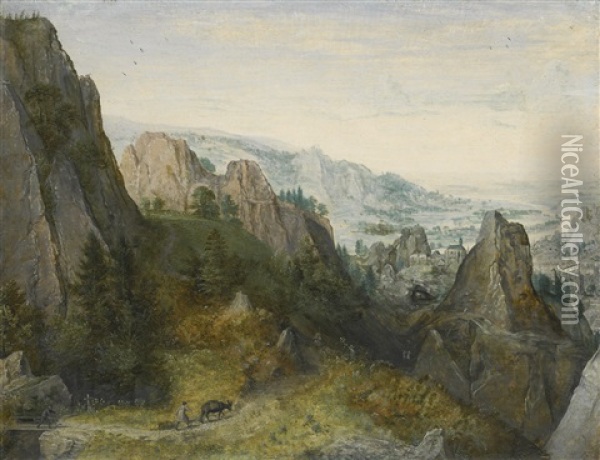 Rocky Landscape With Travellers On A Path, With A View Of A Town, Believed To Be Huy, In The Valley Beyond Oil Painting - Lucas Van Valkenborch