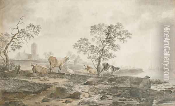 A river landscape with a herdsman resting and cows grazing near the banks, a church beyond Oil Painting - Hendrik Willem Schweickardt