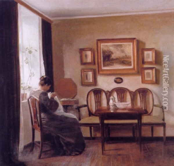 Interior Med Broderende Dame Ved Vinduet Oil Painting - Carl Vilhelm Holsoe