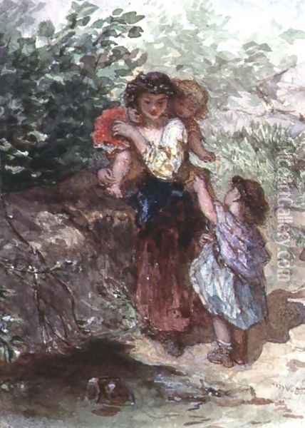 Girl standing with a Child on her Shoulders, another Child by her Side Oil Painting - Auguste Jules Bouvier, N.W.S.