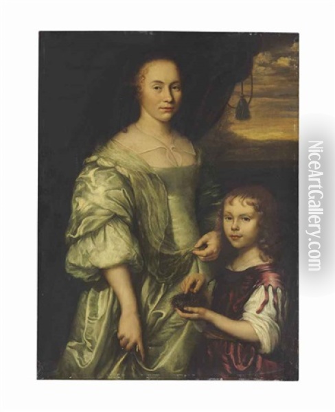 Portrait Of A Lady With A Boy Holding A Bird's Nest Oil Painting - Jan Mytens