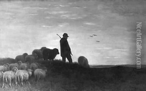 A shepherd in a landscape at dusk Oil Painting - Pieter Stortenbeker