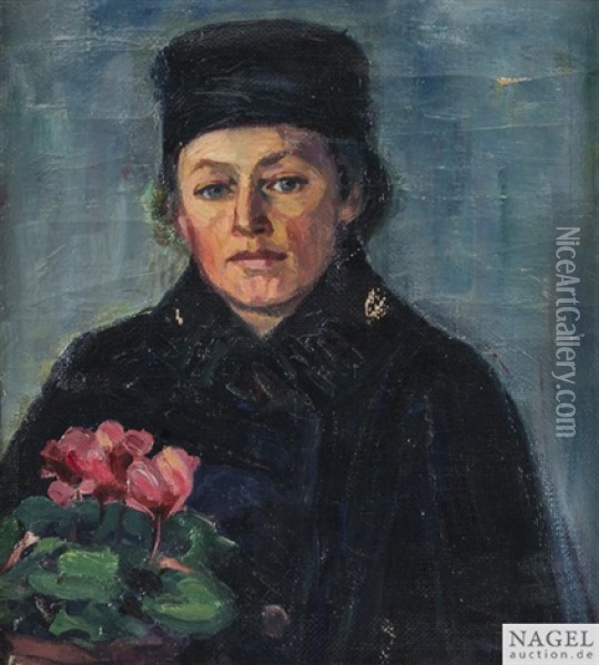 Dame (lotte?) In Schwarz Mit Alpenveilchen Oil Painting - Wilhelm Laage