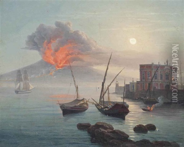 The Eruption Of Vesuvius, 1 May 1855 Oil Painting - Carl (Karl) Wilhelm Goetzloff