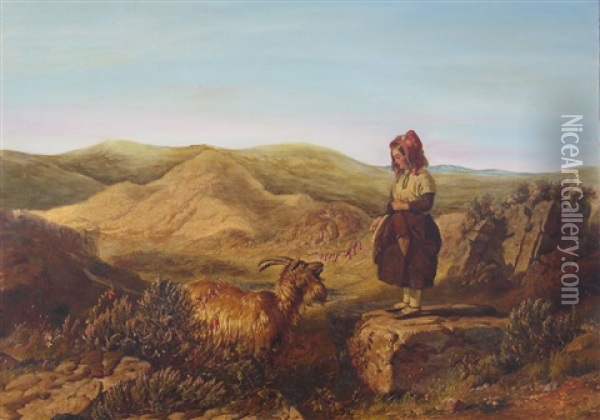 A Young Girl Standing On A Rock Looking At A Goat, In A Mountainous Landscape Oil Painting - Jacob Thompson