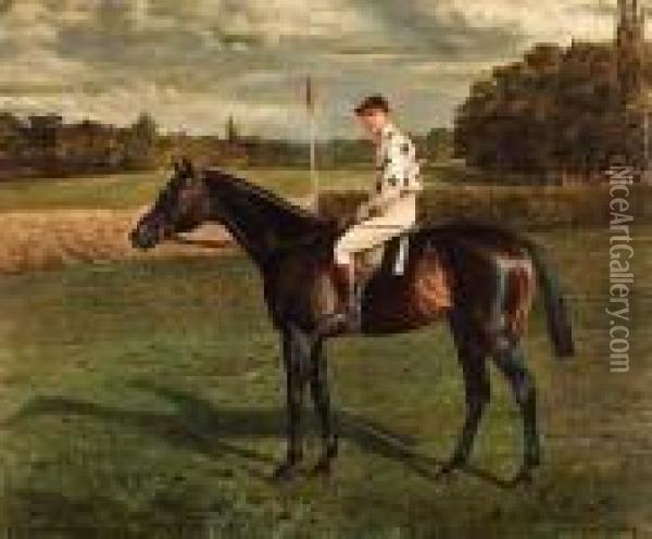 A Bay Racehorse With Jockey-up, On A Racecourse Oil Painting - Allen Culpepper Sealey
