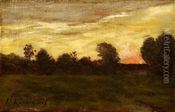 Henri Joseph Harpignies . Barbizon Sunset, Signed Lower Left Oil Painting - Henri-Joseph Harpignies